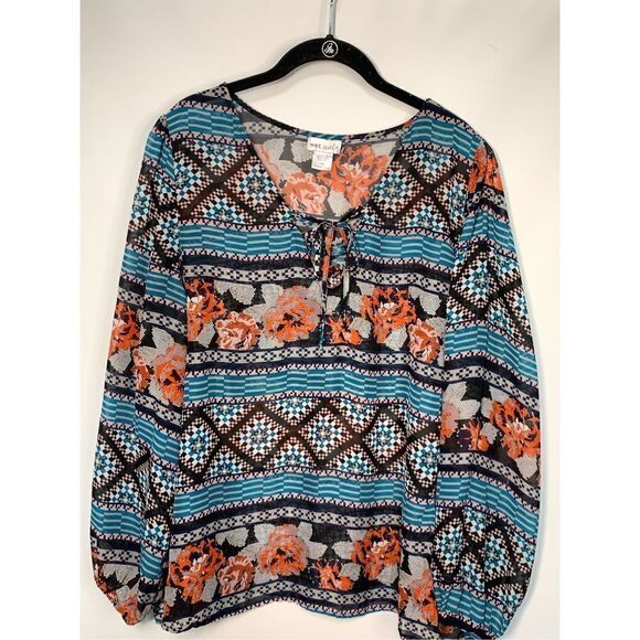 Wet Seal Women's Floral V Neck Tie Balloon Sleeve Blouse Multicolor Size 1X - Picture 1 of 8